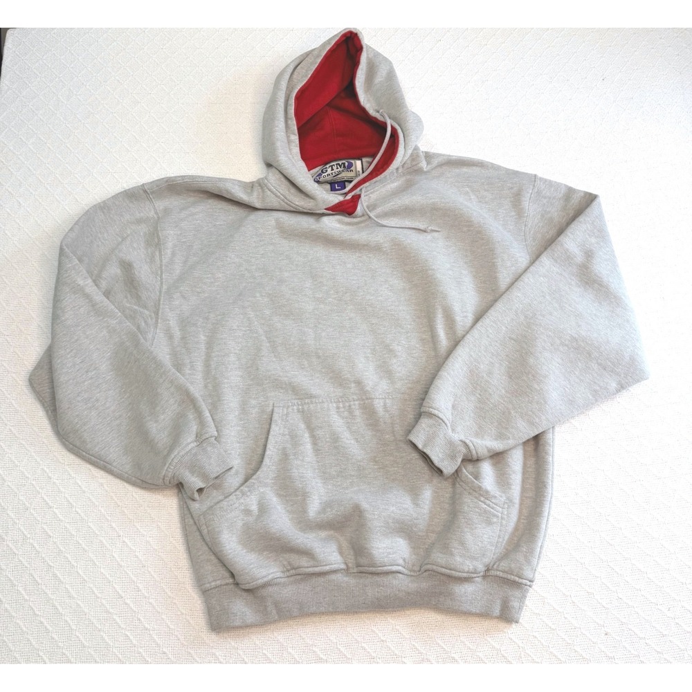 GTM Sportswear Mens Hoodie Large Heather Gray Red Lined Hood Pullover Fleece